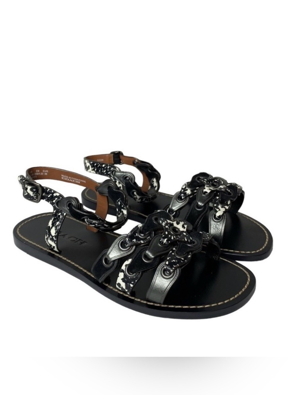Coach Black and White Chain-Link Leather Sandals